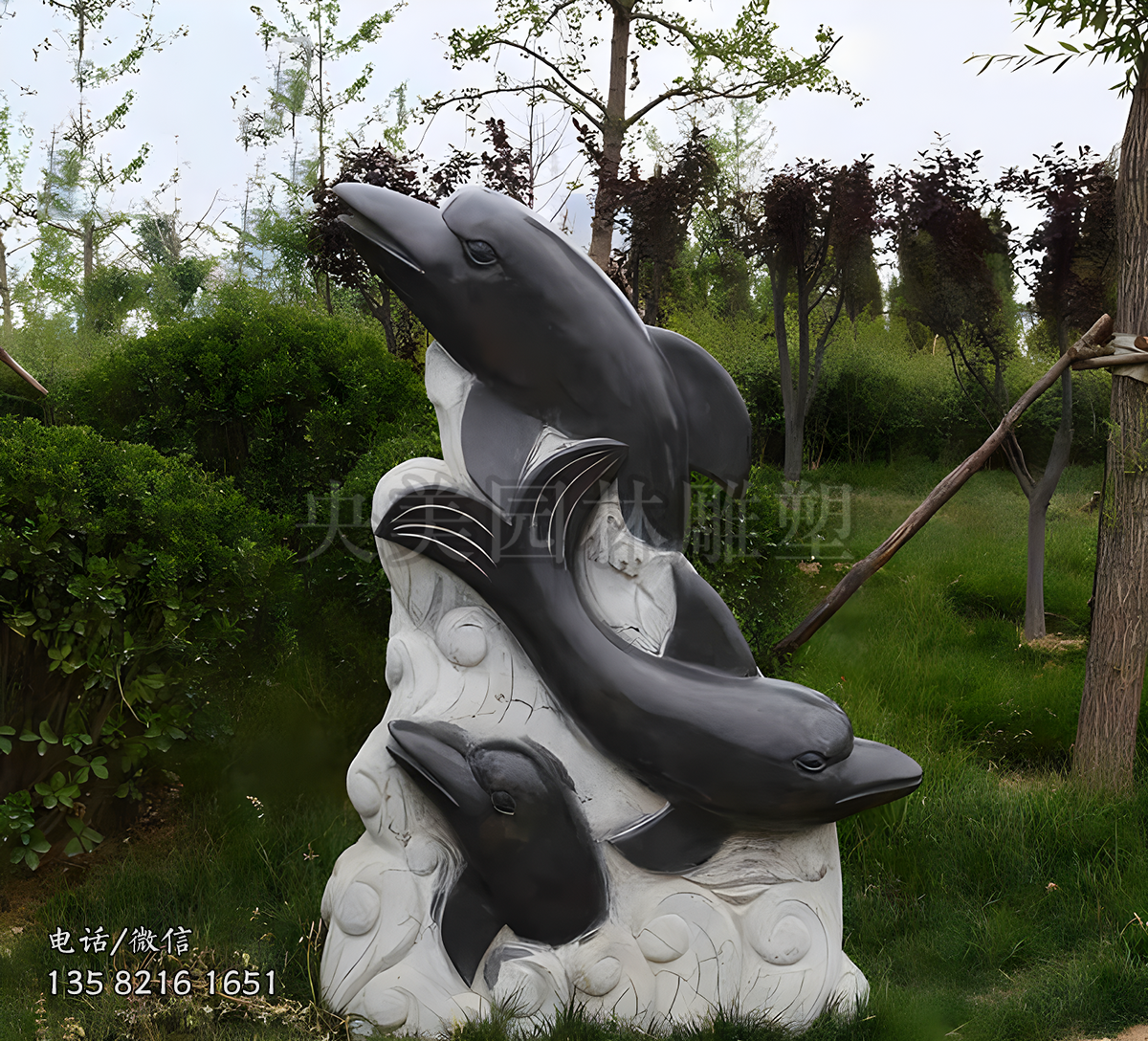大理石浮刻海豚景观雕塑摆件