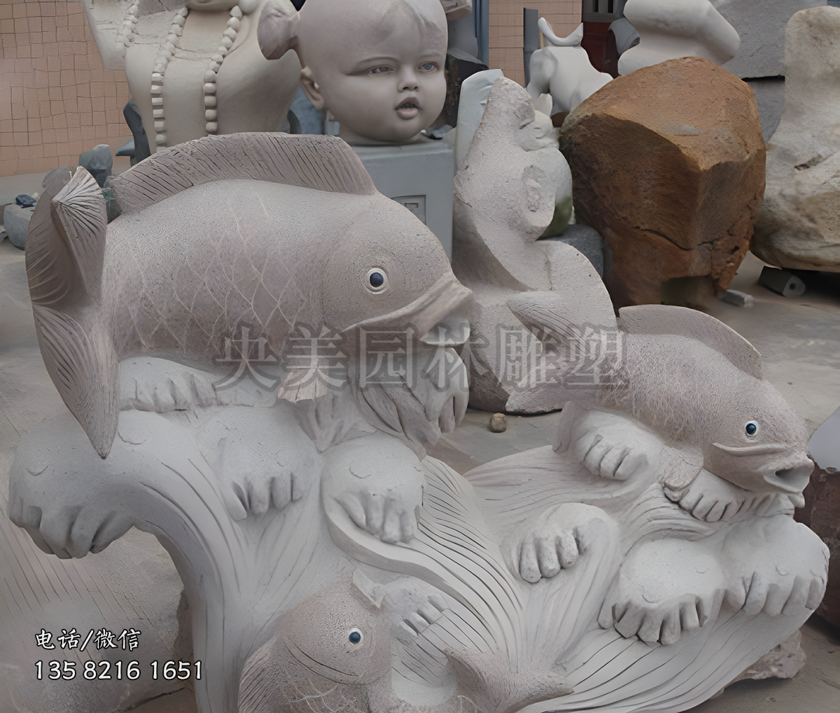 大理石浮刻鲤鱼雕塑摆件