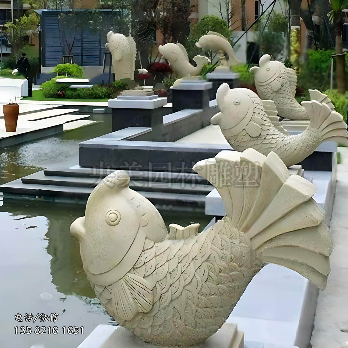 砂岩喷水鱼水景装饰动物雕塑