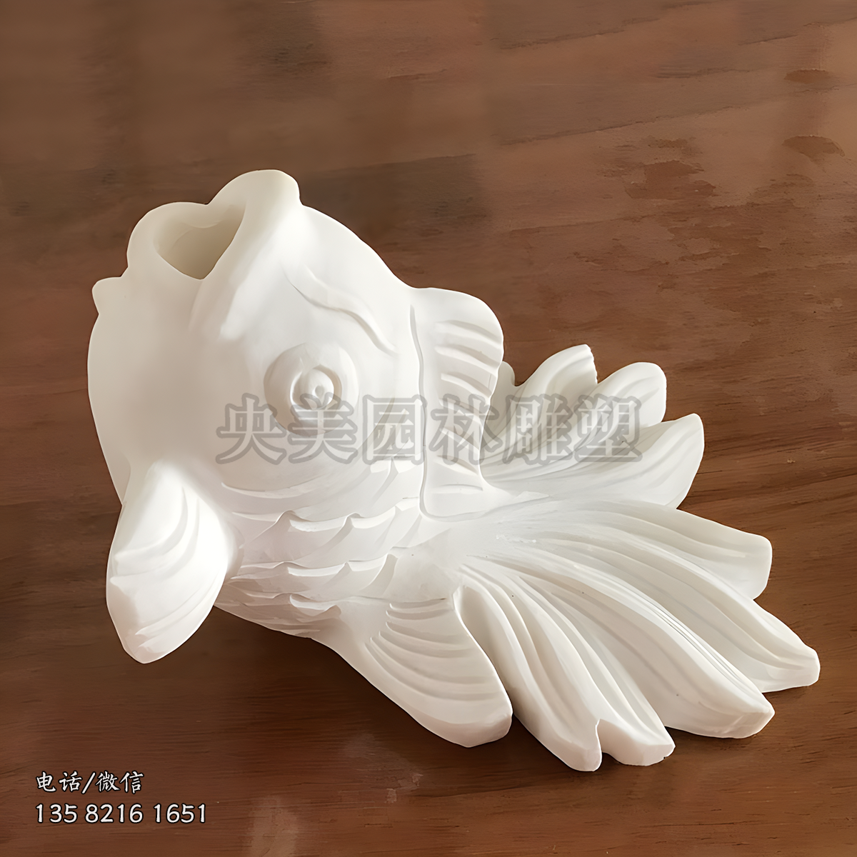 汉白玉向上喷水的金鱼雕塑摆件