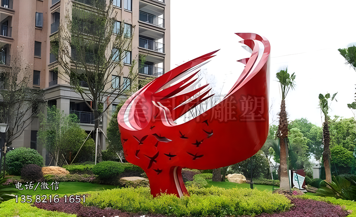 红色抽象不锈钢鸽子雕塑