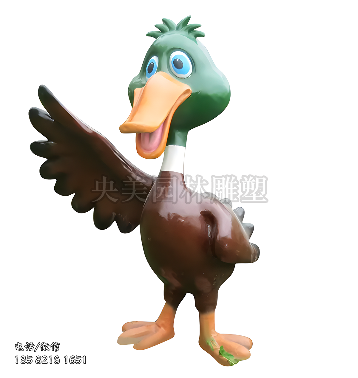 伸翅膀指挥的卡通鸭子雕塑
