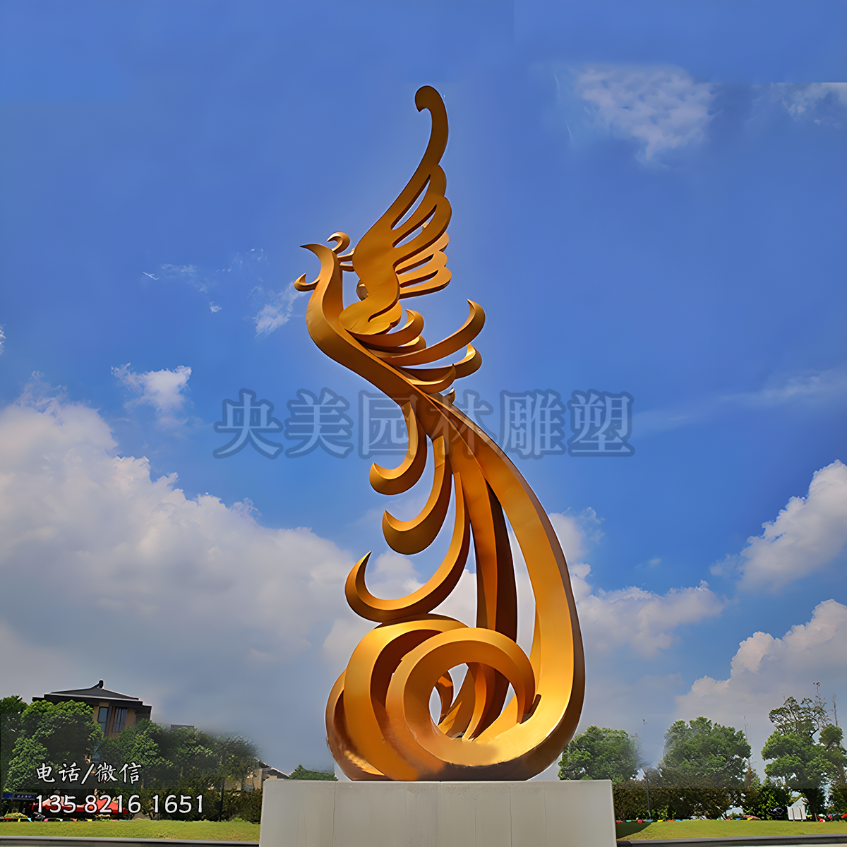 金黄色不锈钢凤凰景观雕塑