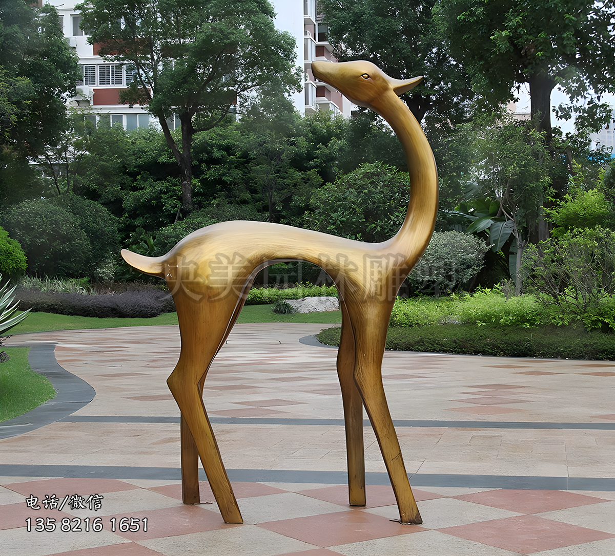 仿铜扭头的抽象梅花鹿雕塑