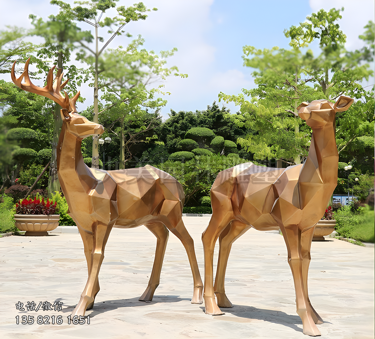 玻璃钢仿铜块面梅花鹿雕塑