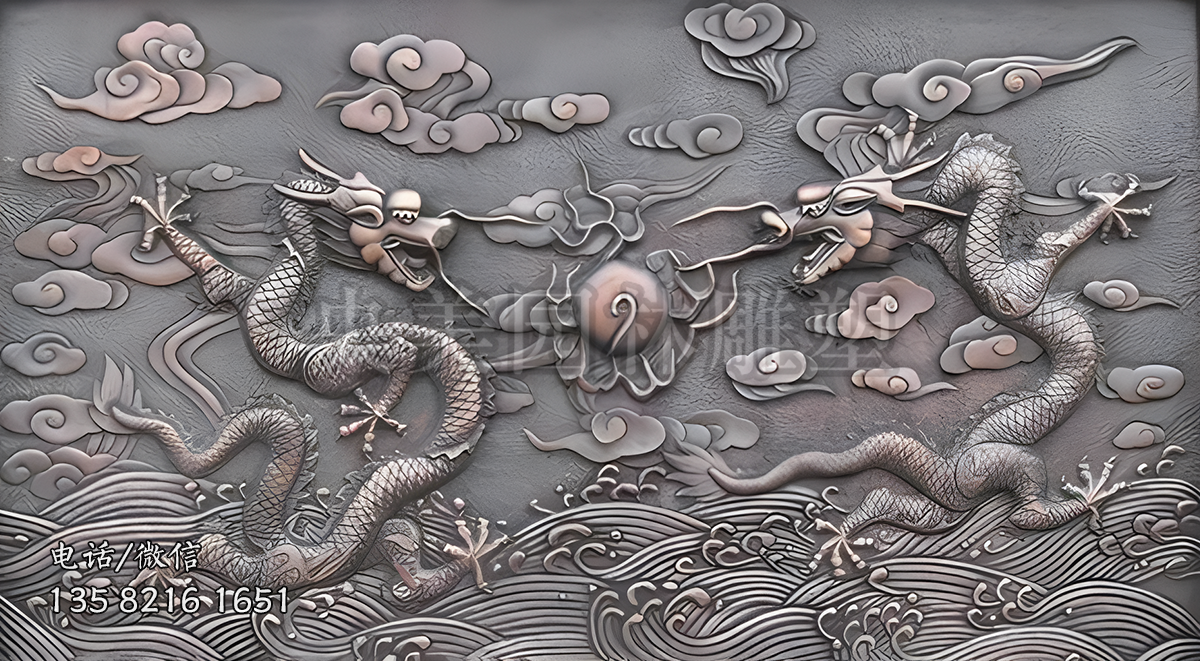 二龙戏珠紫铜锻造浮雕装饰画