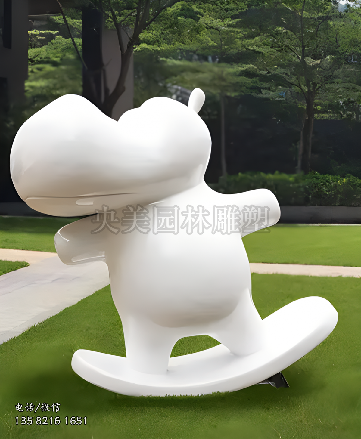 玻璃钢玩滑板的抽象河马雕塑