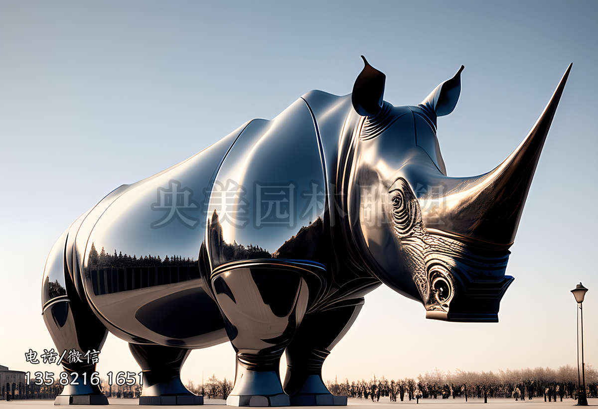 镜面不锈钢犀牛造型景观动物雕塑