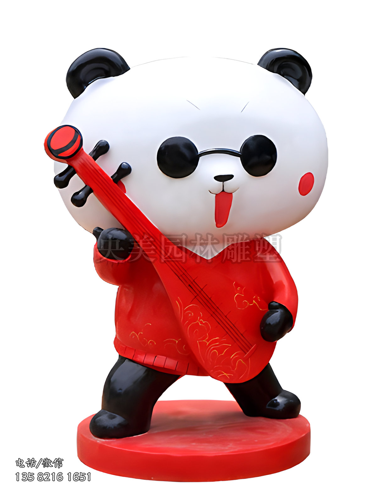 中国红系列弹琵琶的卡通熊猫雕塑