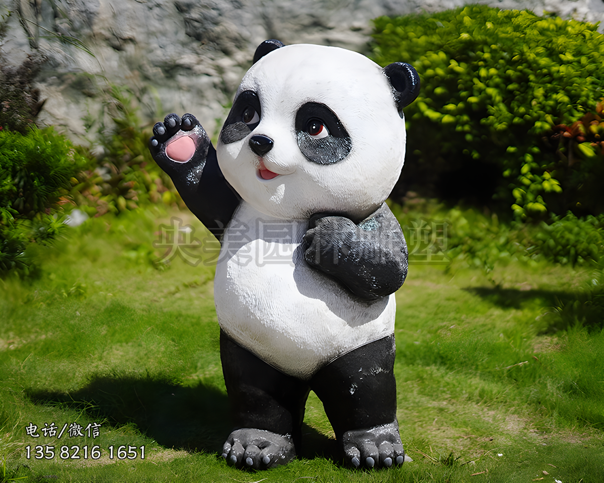 站立招手的毛面仿真玻璃钢熊猫雕塑
