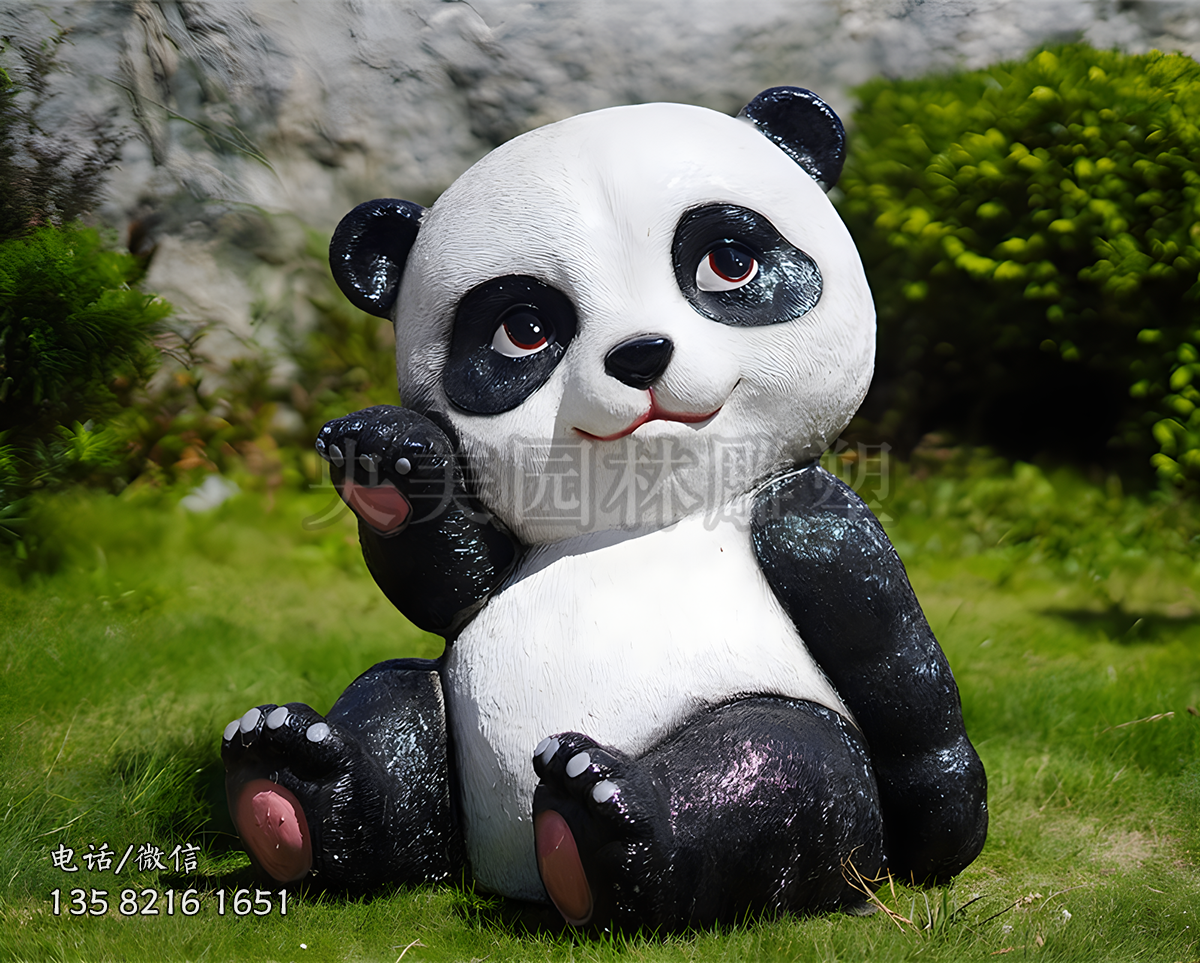 举手打招呼仿真熊猫玻璃钢雕塑