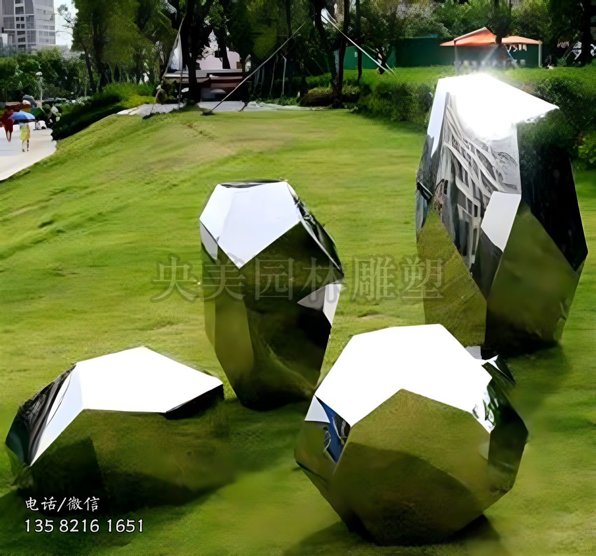 镜面不锈钢几何形石头雕塑摆件