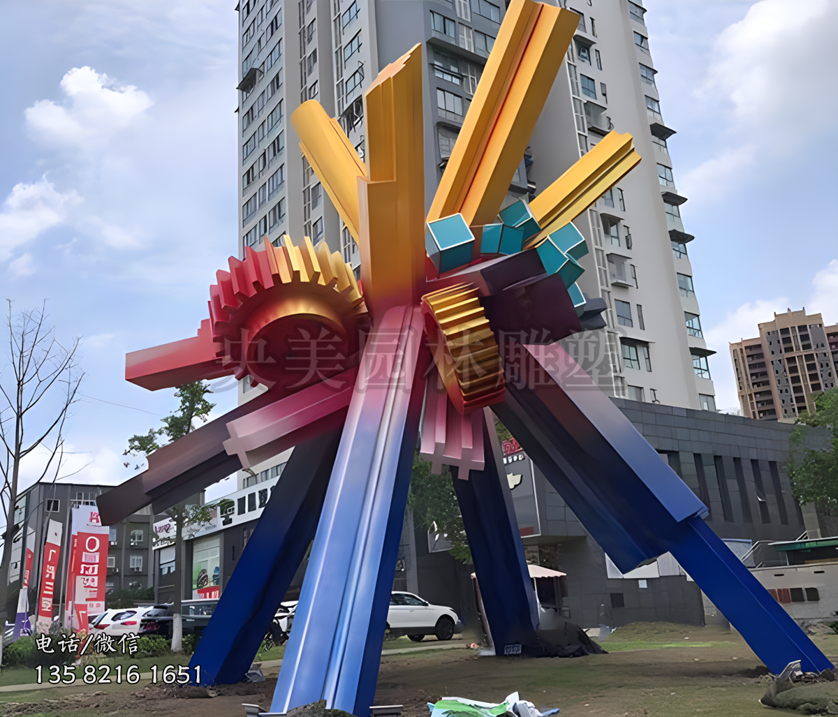 不锈钢彩绘齿轮景观雕塑