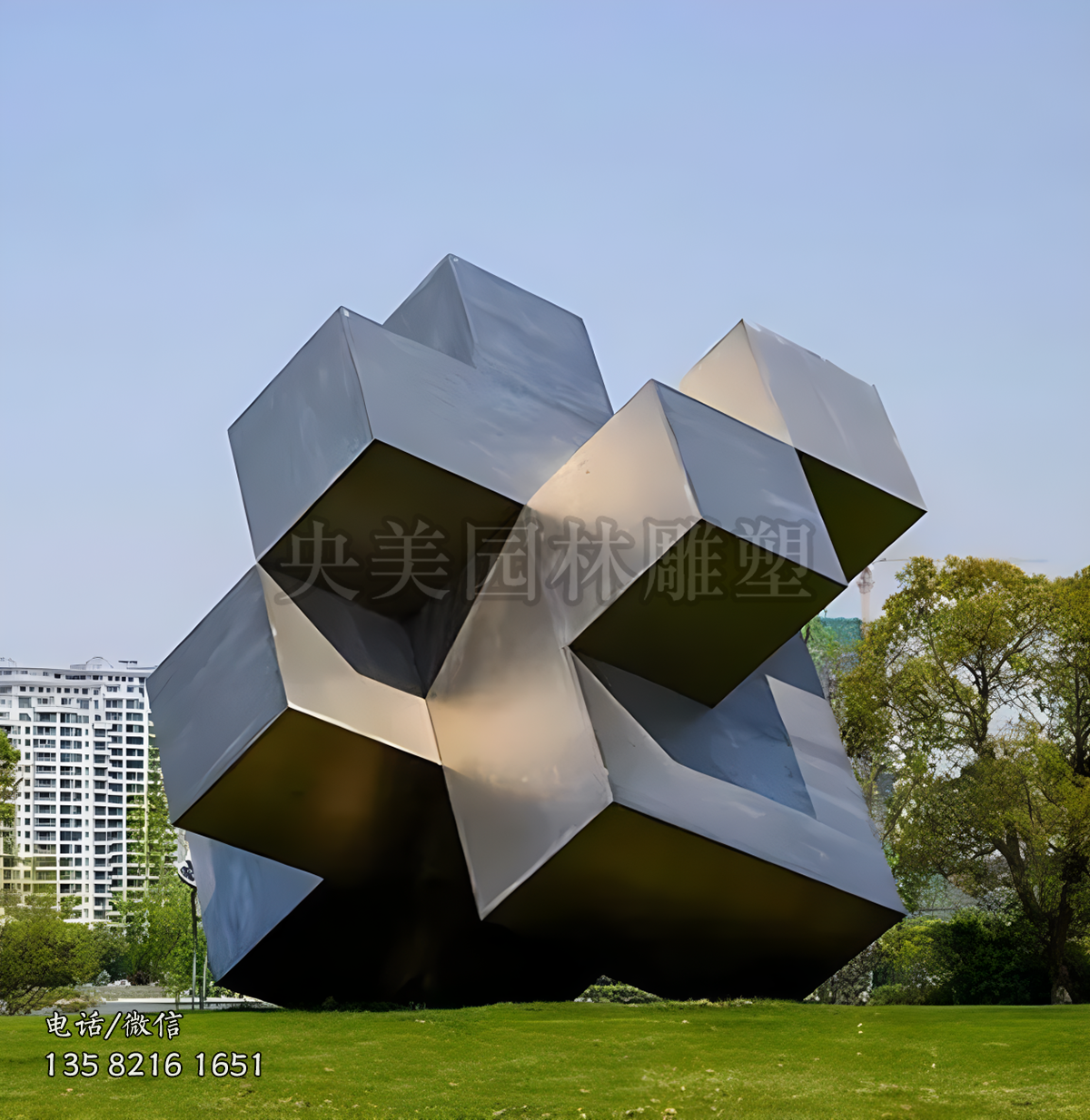 拉丝不锈钢异形立方体景观雕塑