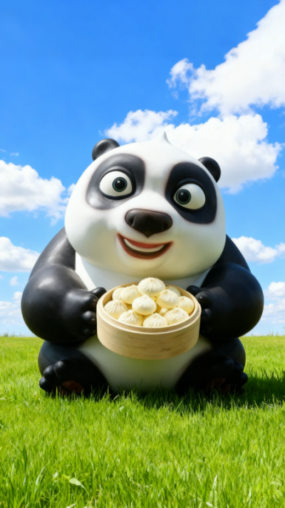 玻璃钢端着小笼包的卡通熊猫雕塑