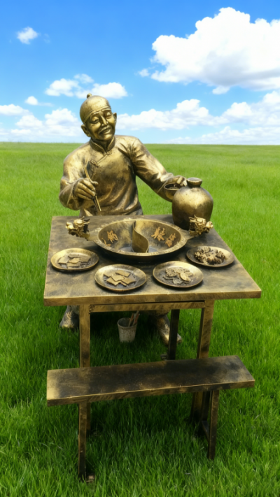 玻璃钢仿铜吃火锅人物雕塑