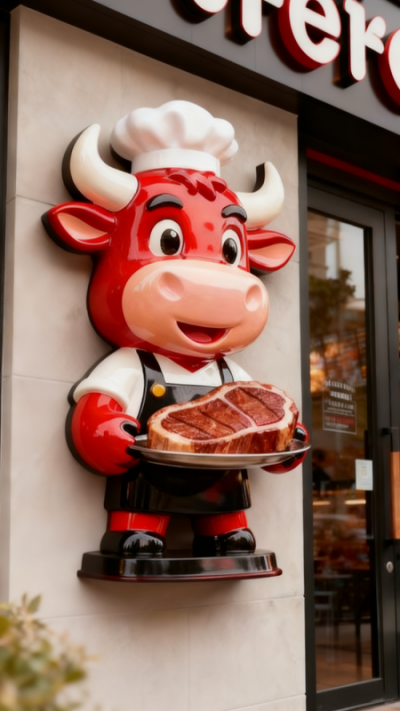 玻璃钢卡通牛厨师牛排店墙面装饰雕塑