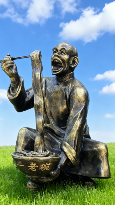 吃面的玻璃钢仿铜人物雕塑