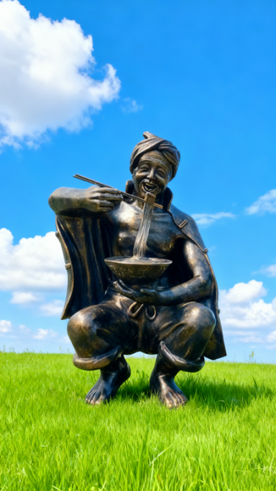 蹲着吃面的陕北大爷雕塑