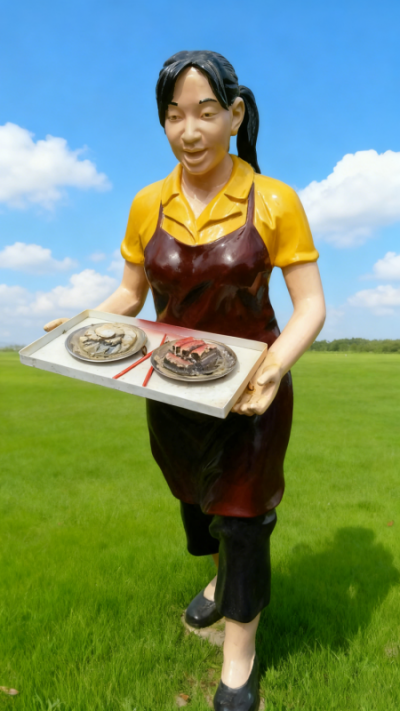 饭店端盘子的玻璃钢服务员雕塑