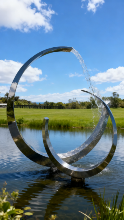 镜面不锈钢喷水C型圆环雕塑