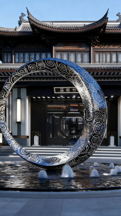 镂空发光不锈钢镜面圆环雕塑