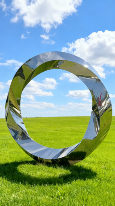 扭曲的镜面不锈钢圆环景观雕塑