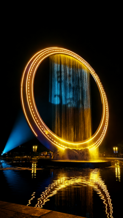 镂空发光不锈钢水幕圆环雕塑