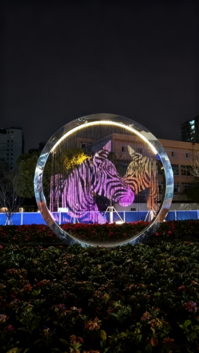 镂空不锈钢发光水幕圆环雕塑